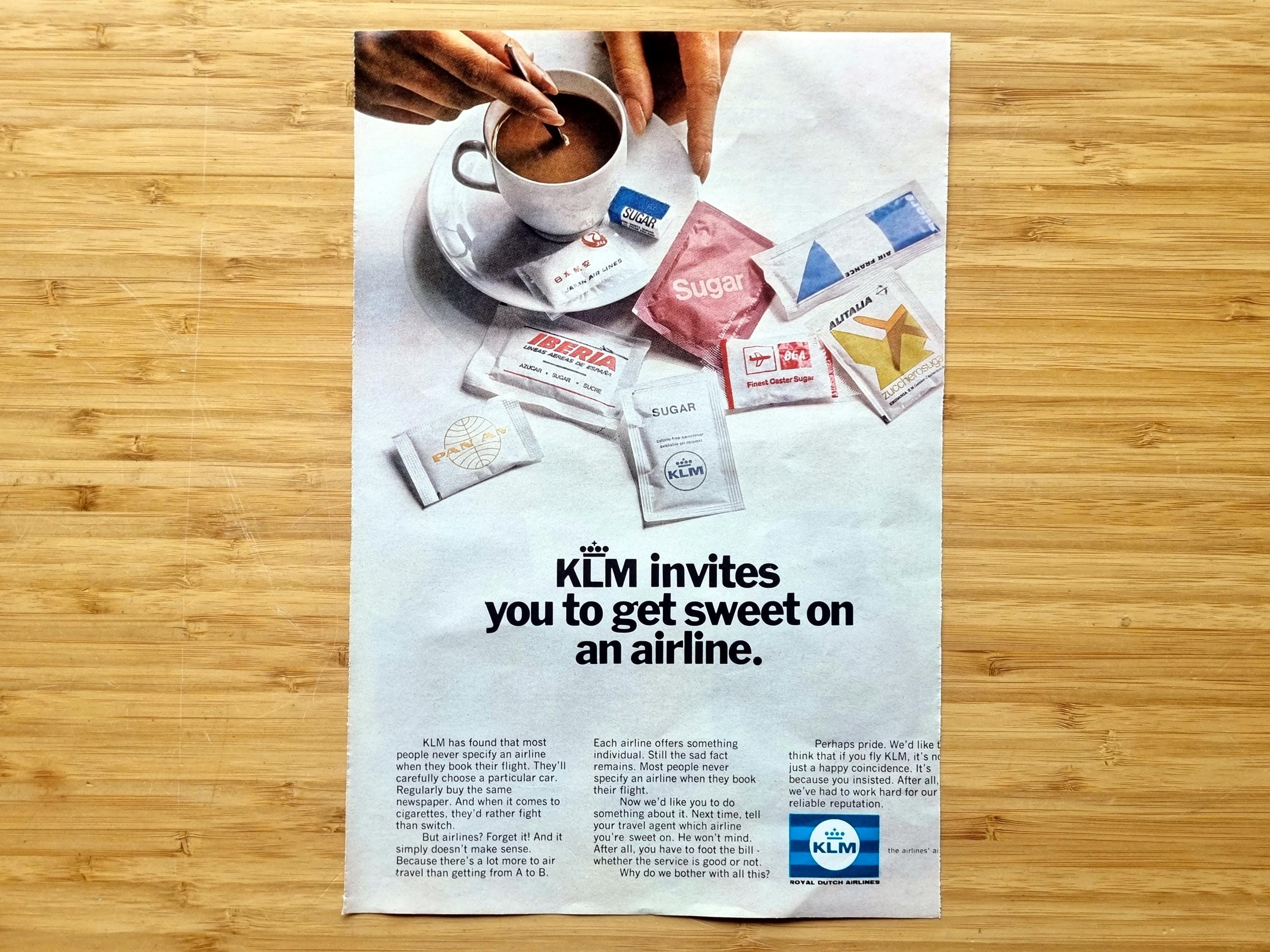 Vintage Airline Magazine Advertisement, KLM Royal Dutch Airlines Sugar  Packet Coffee Scene, 1960s Aviation Ephemera