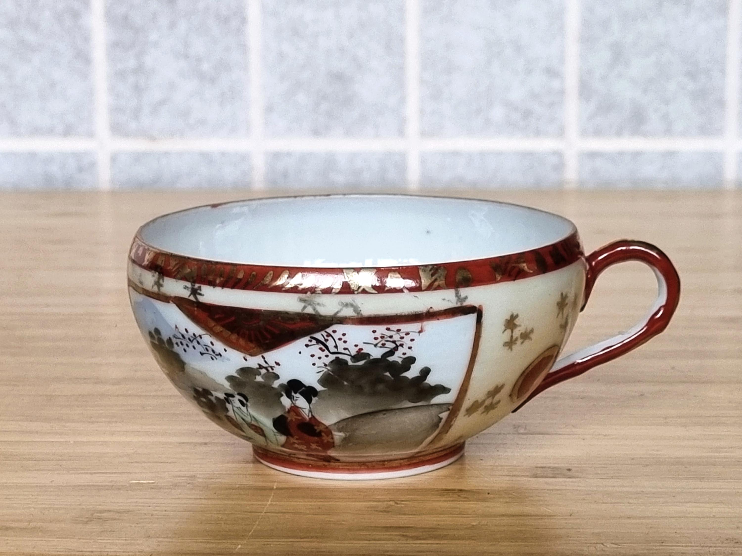 ヴィンテージ 日本製 ティーカップ 磁器 手描き 九谷焼 カップ 明治
