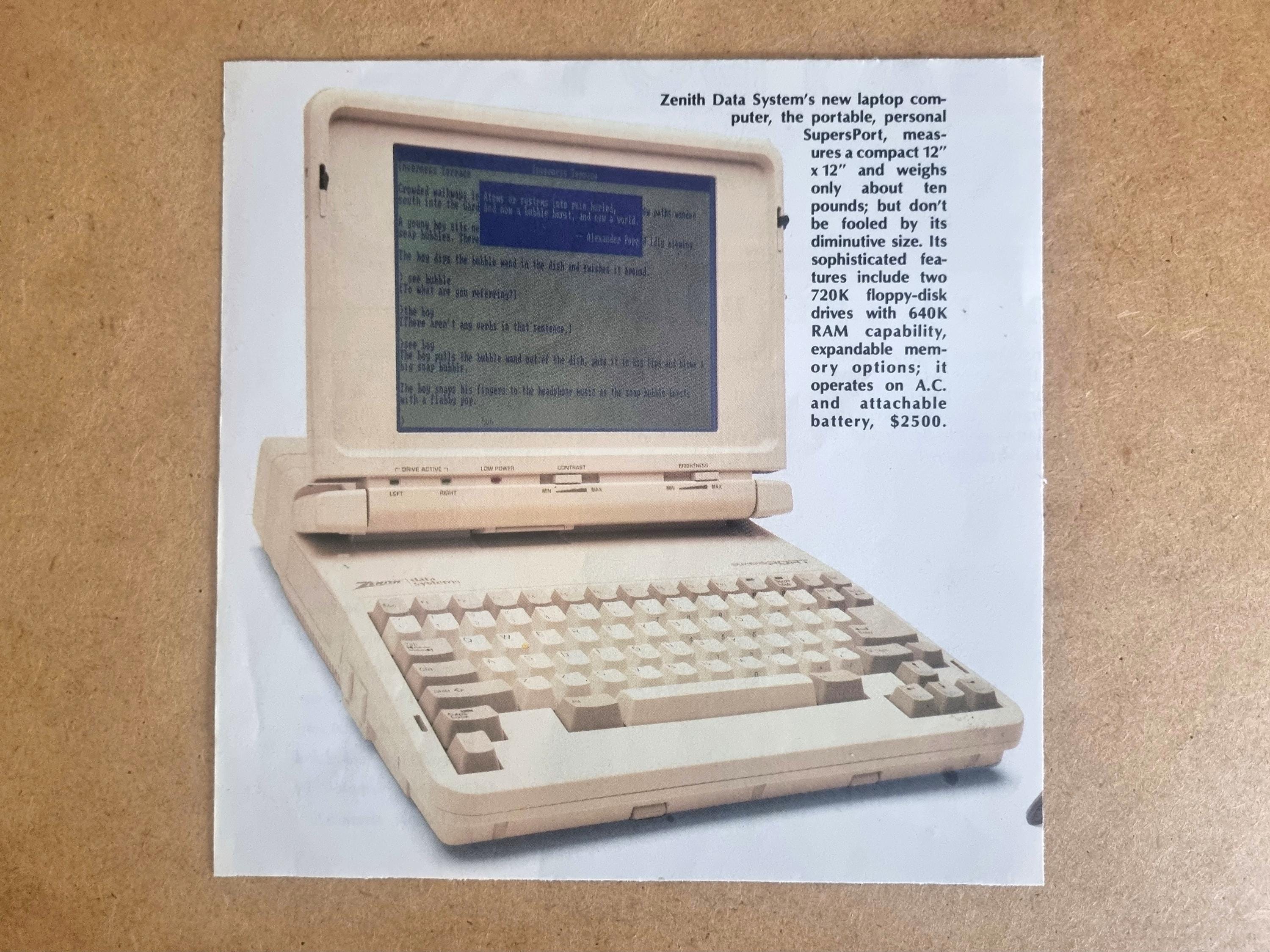 Zenith Data Systems Supersport Laptop Advertisement, 1980s Vintage Zenith Data Systems Supersport Laptop Advertisement, 1980s Vintage
