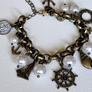 Nautical Charm Bracelet Bronze – Ship Wheel Anchor Pearl Charms | Vintage Maritime Jewelry Gift | Antique Style Sea Theme Bracelet