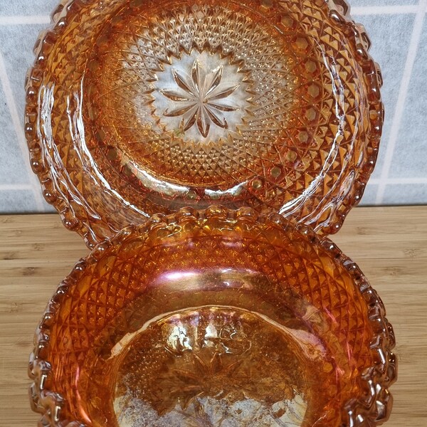 Vintage Carnival Glass Bowl Paar Engelse Goudsbloem Oranje Set