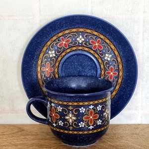 Winterling Bavaria West Germany Cup and Saucer, Navy Ceramic with Floral Scroll Band, Vintage German Coffee Tea Set