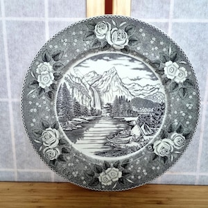American Landscape Wall Decor Plate, Black Transferware Display, Yosemite Valley Bridalveil Falls Scene, Adams Winter Scenes England,