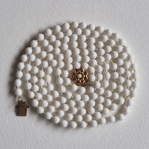Milk Glass Bead Necklace | 24 inch Knotted White Beads | Vintage Dainty Jewelry | Classic Pearl Style Long Necklace Gift