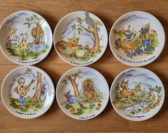 Sarreguimines Aesop's Fable Plates Collection - Rare Complete Set of Nursery Story French Porcelain