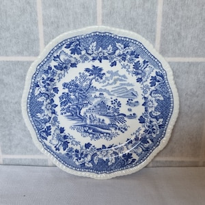 Puede incluir: Un plato de porcelana azul y blanco con un borde floral y un diseño central de un paisaje con un edificio y árboles.