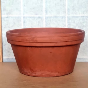 Può includere: Un vaso per piante rotondo color terracotta, con una forma leggermente svasata. Il vaso ha un design semplice con alcune scanalature orizzontali vicino al bordo. Si trova su una superficie marrone chiaro contro uno sfondo a griglia bianca e blu.