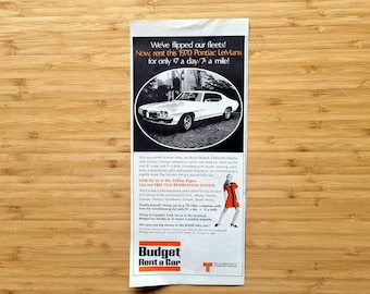 Anuncio antiguo de revista, Budget Rent A Car, alquiler de un Pontiac LeMans de 1970, anuncio original de los años 60