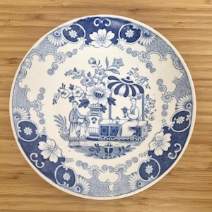 Blauw bord chinoiserie | 19e-eeuws Engels aardewerk | Wit kobalt tuintafereel | Oosters motief | 7,5 inch verzamelservies