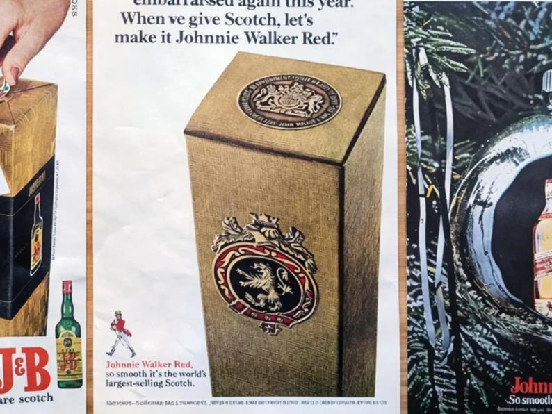 May include: Vintage advertisement featuring a tall, rectangular box of Johnnie Walker Red Scotch. The box is a light brown with ornate emblems and text. The ad also includes a bottle of J&B Scotch and the text "Johnnie Walker Red, so smooth it's the world's largest-selling Scotch."