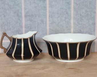 Antique Sugar Bowl Cream Jug Set, Cauldon Brown Westhead Moore, Black Gold Porcelain, English Tea Service, Collector Tableware