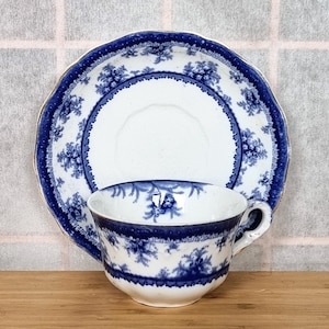 Platillo de taza de té azul antiguo, juego de té inglés de porcelana del siglo XIX, cerámica victoriana con transferencia de cobalto, vajilla coleccionable