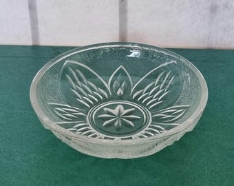 Glass Dish Vanity Decor Vintage, 1950s Pressed Glass Trinket Bowl, Mid Century Floral Pattern Ring Dish, Small Decorative Glass