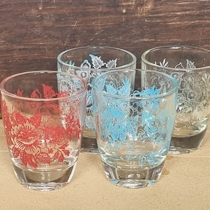 Vintage French Floral Liquor Glasses | Mid Century Shot Glass Set of 4 | Multicolor Red Blue Clear | Small 50ml Barware | Cocktail Gift