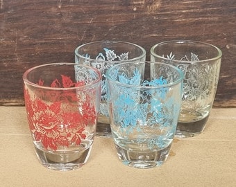 Vintage French Floral Liquor Glasses | Mid Century Shot Glass Set of 4 | Multicolor Red Blue Clear | Small 50ml Barware | Cocktail Gift