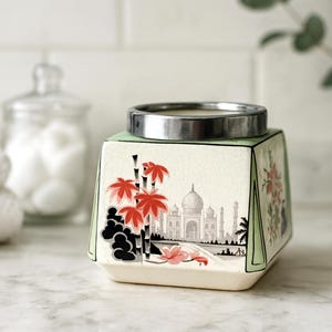 Vintage keramische Taj Mahal-pot | Engelse aardewerk snuisterijcontainer | Sierpot met chromen rand | Gemaakt in Engeland