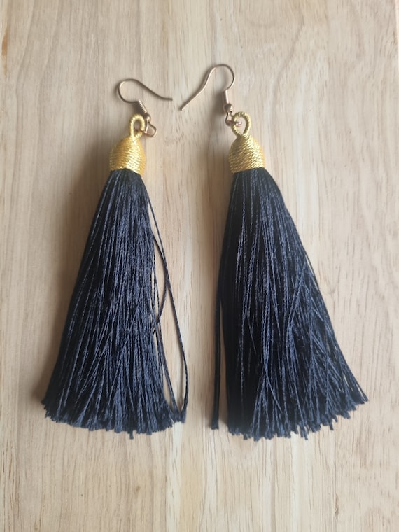 Black Silk Tassel Earrings Inch Long Statement Dangles Gold