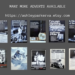 May include: Collection of vintage advertisements with various themes. Includes ads for a stereo system, Canon cameras, Timex watches, Rolex watches, and a camera. The text "MANY MORE ADVERTS AVAILABLE" and a website address are also visible.