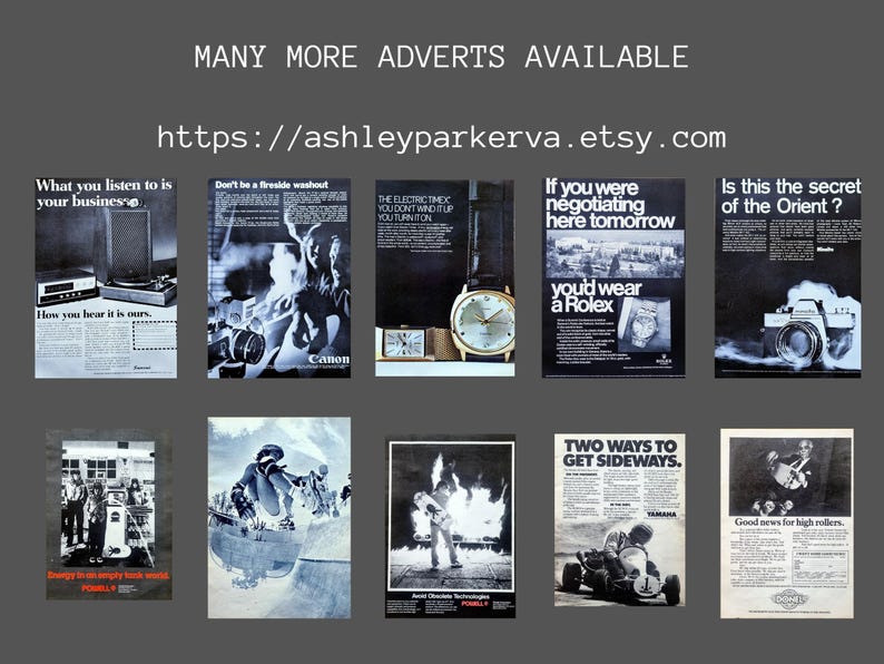 May include: Collection of vintage advertisements with various themes. Includes ads for a stereo system, Canon cameras, Timex watches, Rolex watches, and a camera. The text "MANY MORE ADVERTS AVAILABLE" and a website address are also visible.