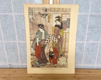 Utagawa Toyokuni Ukiyo E Illustration, 1950s Japanese Woodblock Art Book Plate, Women and Child, Tipped-In Color Print, The Fourth Month