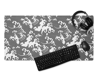 Très grand tapis de bureau rallongé - Art japonais de la grande vague de qualité supérieure en vert/gris - Tapis de bureau durable et antidérapant pour les jeux et le bureau