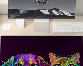 Abstrait Pop Art Neon Portrait d'un chien et d'un chat étendu Extra Large Gaming/Office Desk Pad & Keyboard Mat (plusieurs modèles disponibles)