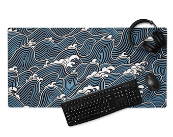 Tapis de bureau vague japonais : très grand tapis de souris Seigaiha - Bleu et or