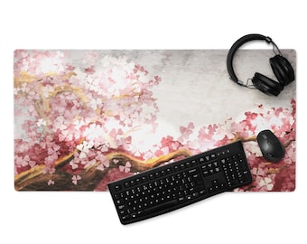 Tapis de bureau aquarelle Sakura : motif fleurs de cerisier japonais étendu