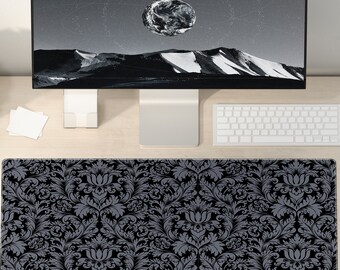 Tapis de bureau et tapis de clavier extra larges à motif d'ornements floraux beiges noirs