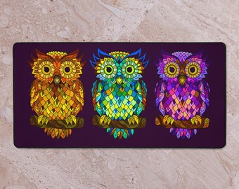 Tapis de bureau abstrait hibou néon : grand tapis de souris de jeu