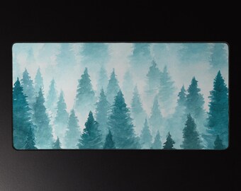 Tapis de bureau forêt hivernale : arbres enneigés aquarelles, tapis de souris de jeu antidérapant