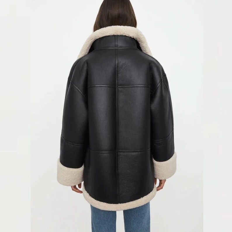 Womens Oversized Shearling Jacket, Black Genuine Leather Sherpa Jacket ...