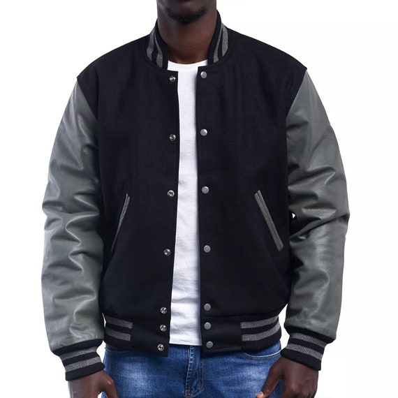Men s Letterman Varsity Bomber Jacket With Striped Rib Genuine