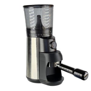 May include: A stainless steel and black electric coffee grinder. The grinder has a clear hopper, a dial for grind settings, and a black handle. The design is modern and sleek, suitable for home or commercial use.
