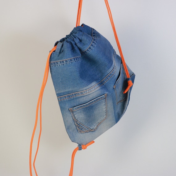 Denim sales drawstring backpack