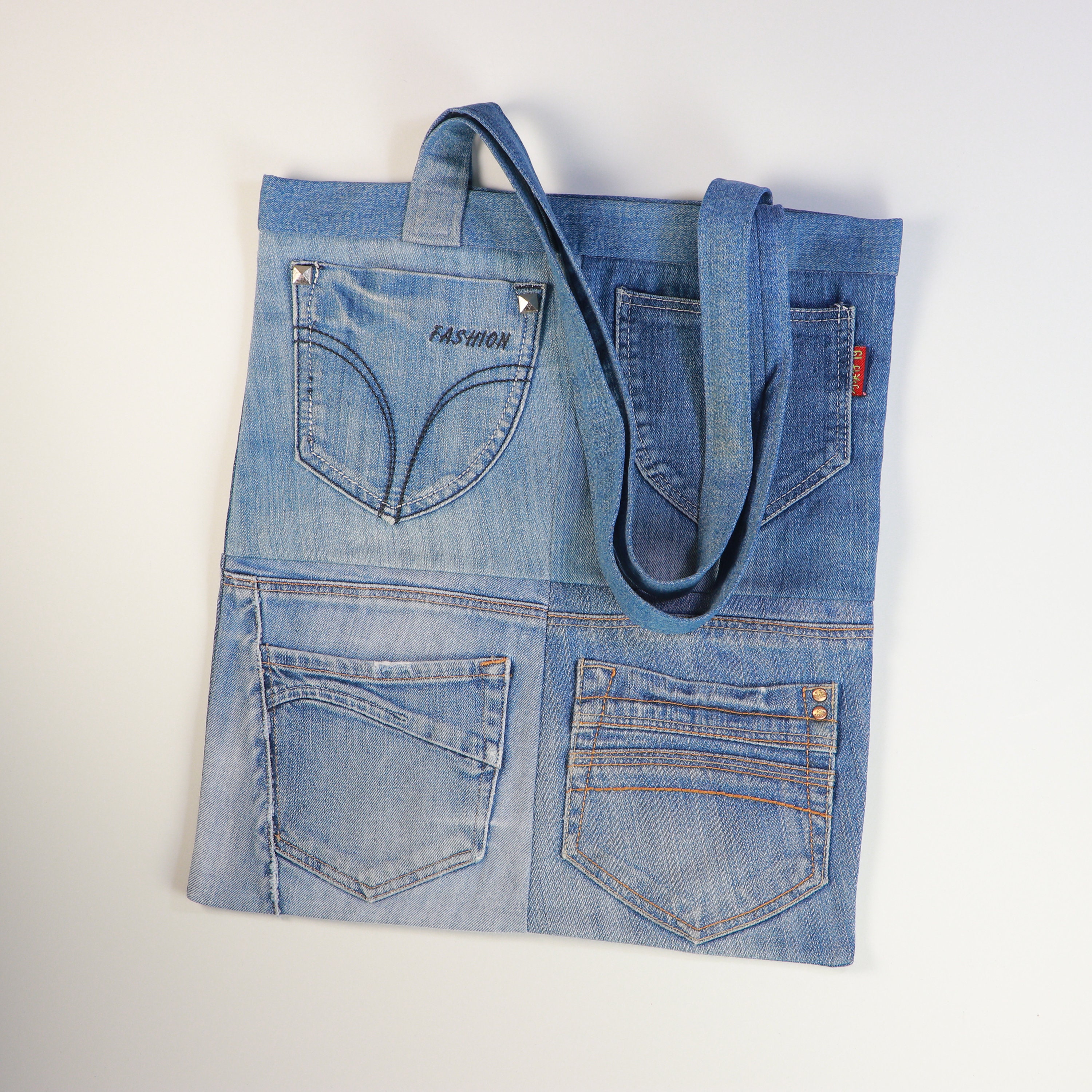 Hand-painted Personalised DENIM Tote Monogram Stripe 