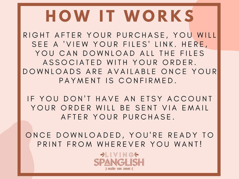 Op de afbeelding: Een roze en bruine afbeelding met de tekst "HOW IT WORKS" in bruin. De tekst legt uit hoe je digitale bestanden kunt downloaden na aankoop. De tekst vermeldt ook dat als je geen Etsy-account hebt, je bestelling per e-mail wordt verzonden na aankoop. De afbeelding bevat ook de tekst "LIVING SPANGLISH" in bruin met een kleine pijl die naar links wijst.