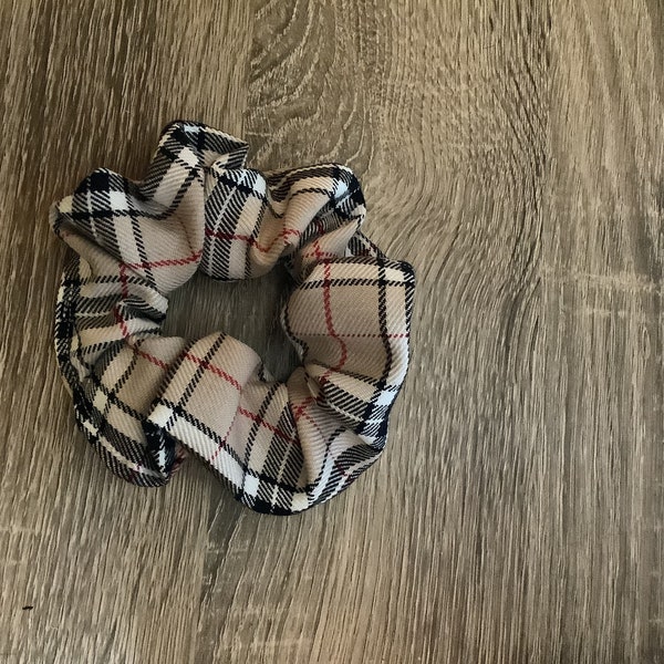 Brand new luxury Hair pony tail scrunchie in beige black check nova tartan plaid fabric for valentines holiday birthday mothers day gift