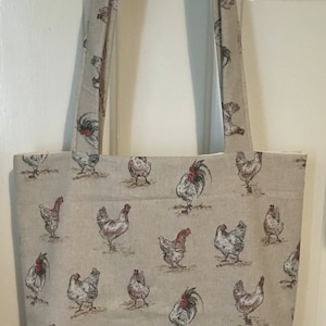 Luxury Tote shopping beach holiday school college book bag in chicken rooster hen farm fabric fully lined gift Christmas birthday