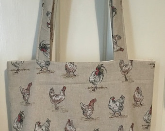 Luxury Tote shopping beach holiday school college book bag in chicken rooster hen farm fabric fully lined gift Christmas birthday