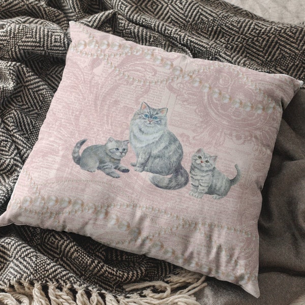Coquette Pillowcase, Coquette Room Decor, Vintage Cat Decor, Cute Pillowcover, Dollcore Aesthetic, Pinkcore Style, Feminine Decor