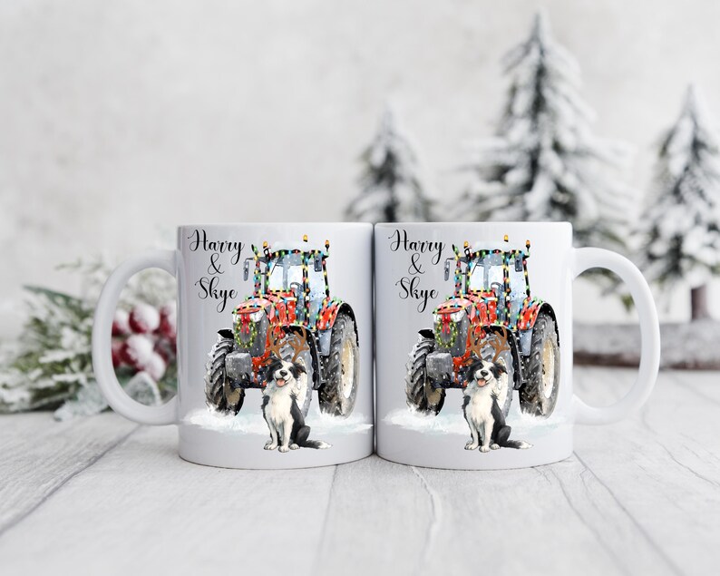 May include: White ceramic mug featuring a red tractor decorated with Christmas lights and a black and white dog. The mug has the names "Harry & Skye" in elegant script. The design is set against a snowy background.