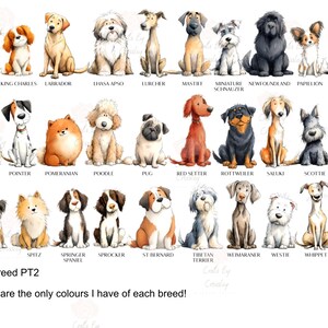 May include: Watercolor illustrations of various dog breeds, including Jack Russell, Labrador, and Yorkshire Terrier. The image features the text "Dog Breed PT2" and "These are the only colours I have of each breed!"