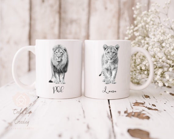 Lion couple mug set, couple mug set, gift for a couple, gift for friends, wedding gift, gift for wedding, birthday gift, mug set gift