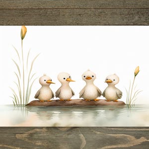 May include: A watercolour illustration depicts four ducklings on a log in water. The ducklings have white and tan feathers, orange beaks, and are surrounded by reeds and cattails. The image has a soft, pastel colour palette.