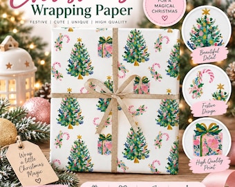 Christmas Wrapping Paper, Watercolour Christmas Tree Gift Wrap, Festive Santa Gift Paper, Pink Christmas Wrapping, Holiday Present Wrap