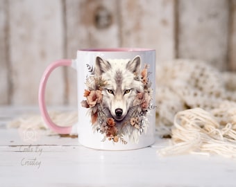 Wolf mug, personalised mug, floral wolf mug, wolf gift, gift for her, gift, mug gift, floral mug, birthday gift, Christmas gift, friend gift