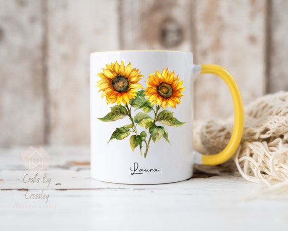 Sunflower mug, sunflower coaster, mug gift, gift for her, birthday gift, Christmas gift, sunflowers, sunflower gift, gift for friend