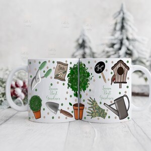 May include: White ceramic mug with a green, brown, and grey design featuring gardening tools, plants, and the text "Laura Best Gardener".