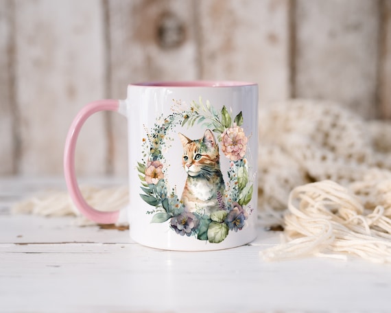 Floral Cat Mug & Coaster Set: Personalized Cat Lover Gift